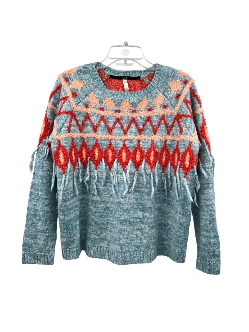 Kensie Womens Knit Sweater Turquoise/Multi Fringe Size Medium